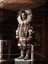 Front view of a beautiful native Alaska fur parka - photo taken on riverboat trip.